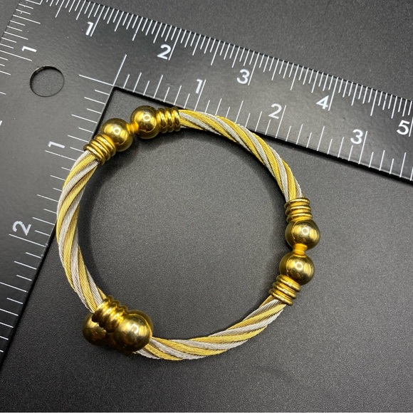 Stainless Steel Mixed Metals Gold & Silver Tone Cable Bangle Bracelet - Picture 7 of 7